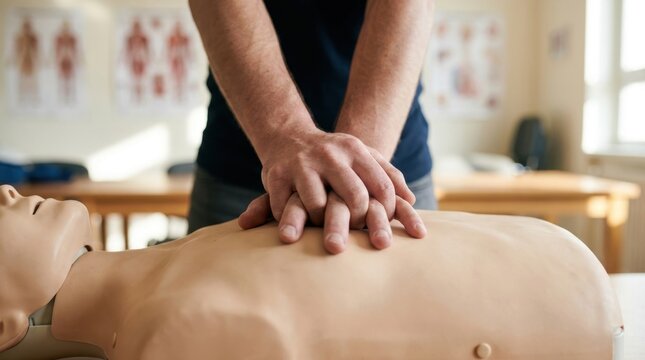 Close up of hands performing CPR on a training mannequin. First aid class practicing chest compressions for emergency resuscitation