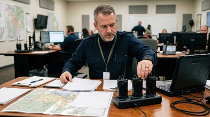 Fototapeta premium Emergency response commander reaching for a two-way radio at a desk. Male dispatcher working in a command center with maps and communication equipment