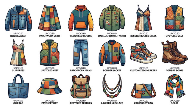 Collection of upcycled and patchwork clothing and accessories including jackets dresses jeans shoes bags and hats illustrated in a colorful vector style