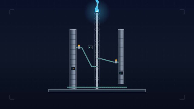 Abstract technical illustration of an industrial launch pad or energy plant with glowing central spire and connectivity lines