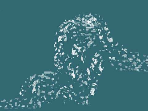 Abstract particle human silhouette profile on teal background