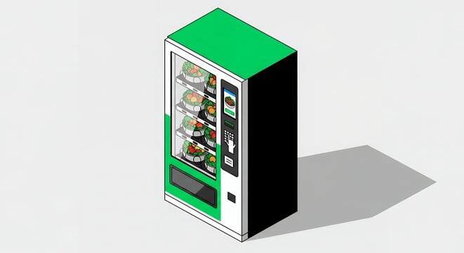Modern vending machine filled with various ready to eat meals and packaged snacks for convenience food delivery