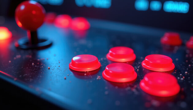 Close-up of arcade game joystick and buttons lit in red colors. Vintage arcade game setup features vibrant controls and gaming atmosphere, enhancing enjoyment of interactive entertainment experience.