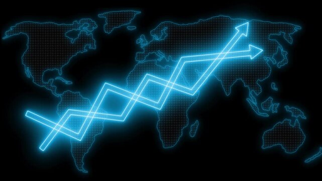 Neon upward arrows over dotted world map animation