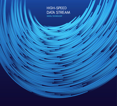 Vibrant curves swirl in concentric motion. Warm and colorful gradients. Dots smoothly transition through color tones. Movement conveys energy. Big data. Particle flow. Vector for cover, presentation.