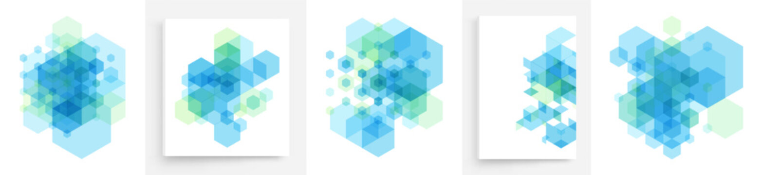 Set of overlapping elements with transparent hexagons. Abstract geometric design. Transparent colored figures. Template for poster, flyer, banner or cover. Vector illustration.