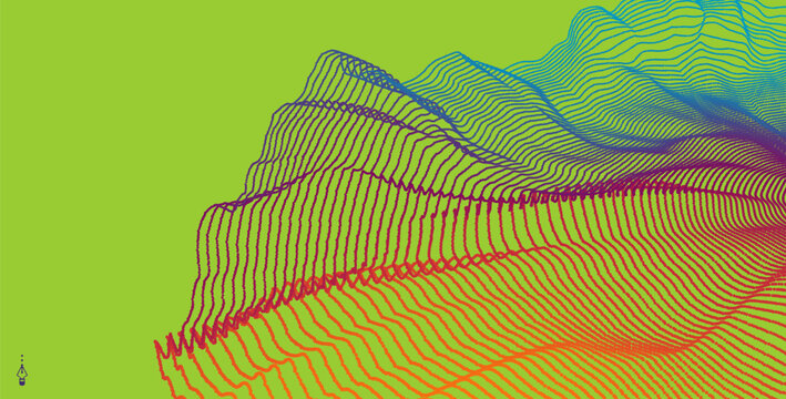 Bright gradient lines flow smoothly across a bright green background. Abstract background. Dynamic particles. Grid. 3d vector for brochure, poster, cover, card, presentation, flyer or banner.