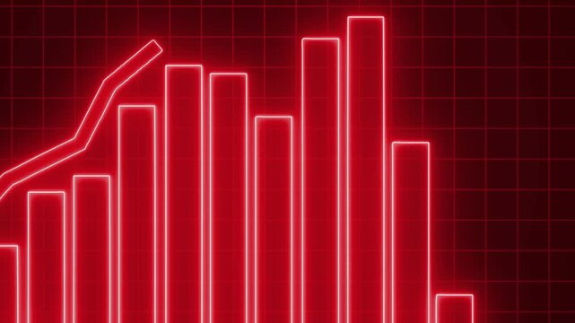 Neon glowing bar chart with rising line overlay stylized retro futuristic data visualization animation