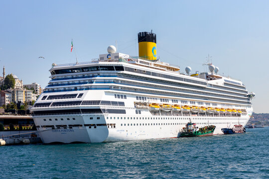 Istanbul, Turkey - July 22, 2026: Costa Fortuna cruise ship in Istanbul, Turkey. The cruise ship in the Istanbul Bosphorus.