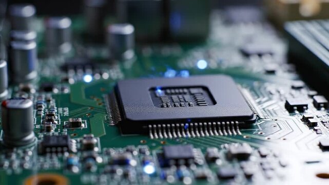 Extreme close-up macro of a green computer circuit board with a central microchip and glowing blue data particles. High-tech digital hardware, AI processing and electronic technology concept.