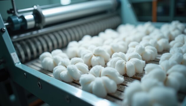 Cotton processing in factory with soft white cotton bolls rolling on production line. Cotton production includes careful handling of bolls as they are prepared for textile manufacturing.