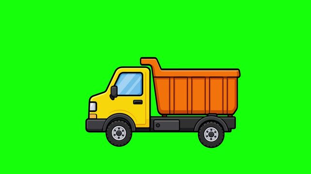 Yellow cartoon dump truck tipping its bed on a green screen. Ideal for construction, building, or industrial transport concepts.