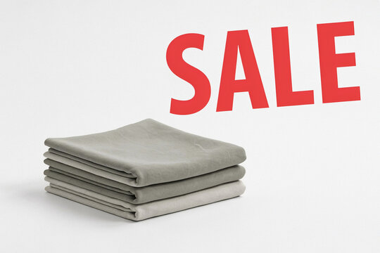 A stack of neatly folded plain gray fabrics with the prominent bold red uppercase SALE text displayed above them announcing a special discount and promotional offer for potential customers shopping