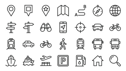 Fototapeta premium Travel navigation and public transportation map outline icon set with navigation