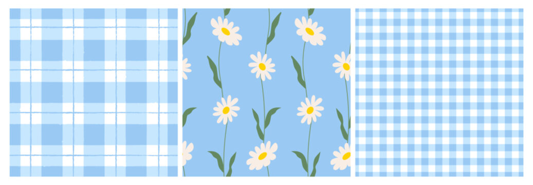 Set of seamless patterns with gingham vichy plaid and chamomile flowers. Soft pastel vector backgrounds for fabric, wrapping paper and stationery designs