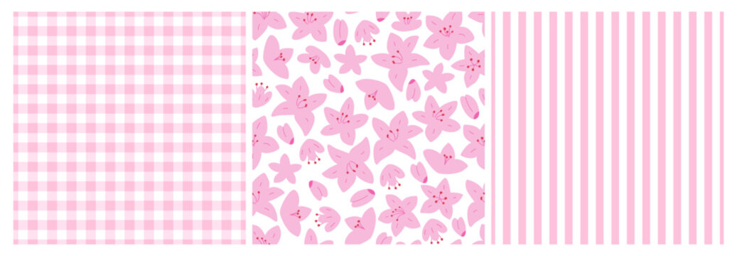 Collection of seamless pastel patterns with pink checkered gingham, blooming flowers and striped design. Vector flat spring backgrounds