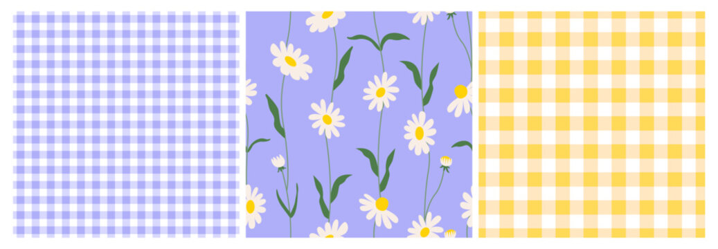 Pastel spring seamless patterns collection with gingham checks and hand drawn white chamomile daisies. Vector flat floral and checkered background.