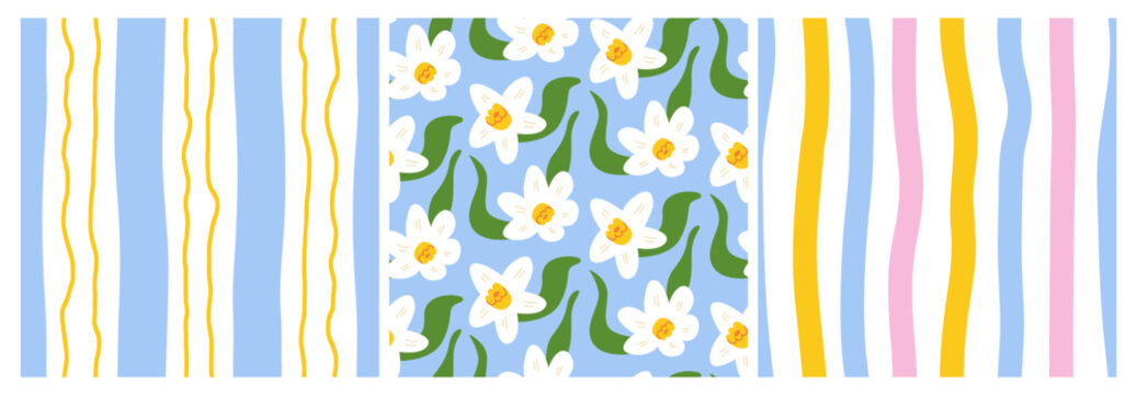 Set of spring seamless patterns with daffodil flowers and hand drawn wavy stripes. Vector flat background for fabric, wrapping paper, and stationery