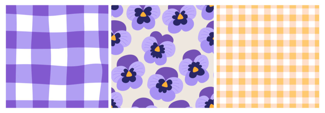 Set of seamless patterns with gingham vichy plaid and pansy flowers. Spring vector backgrounds for fabric, wrapping paper, and stationery