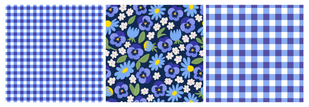 Set of seamless patterns with gingham vichy plaid and various flower buds. Spring vector backgrounds for fabric, wrapping paper, and stationery