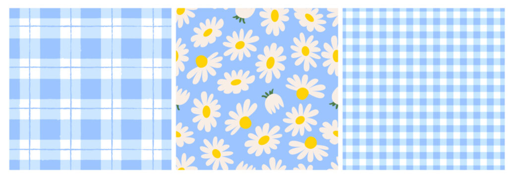 Set of seamless patterns with gingham vichy plaid and chamomile flowers. Soft pastel vector backgrounds for fabric, wrapping paper, and stationery