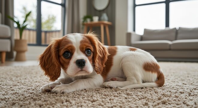 Cute Cavalier King Charles Spaniel puppy lying on a soft carpet in a cozy living room interior.