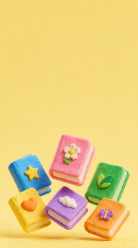 Clay Books with Cute Embossed Icons on a Vibrant Yellow Background