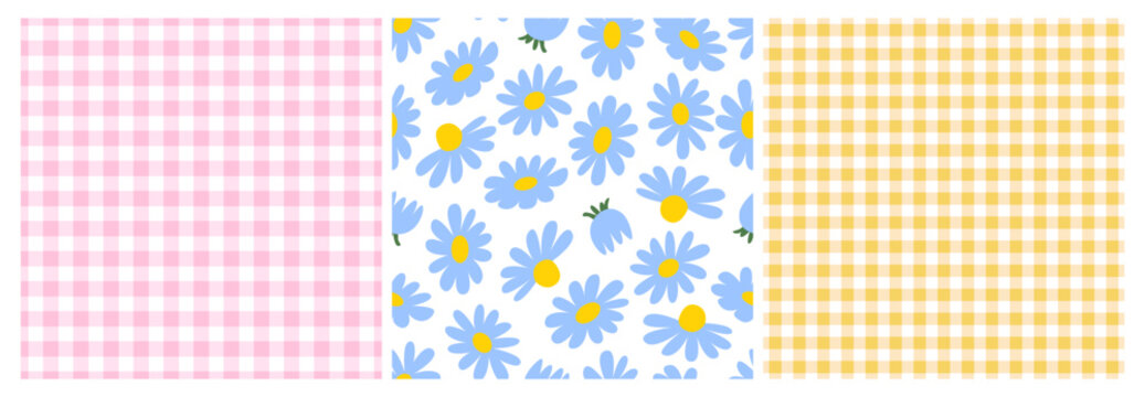Set of seamless patterns with gingham vichy plaid and chamomile flowers. Soft pastel vector backgrounds for fabric, wrapping paper, and stationery