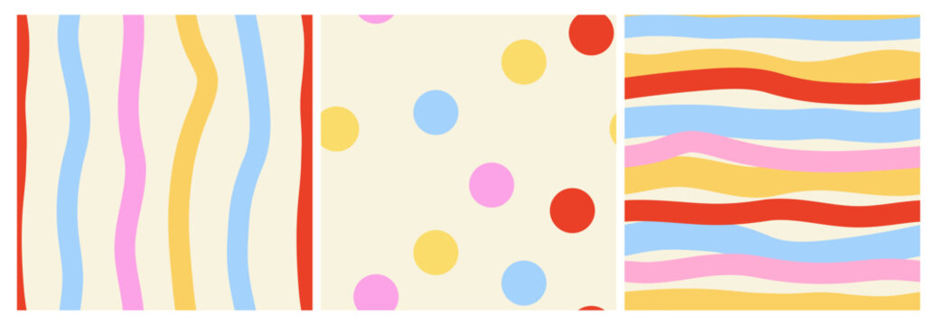 Set of colorful seamless patterns with lines and dots. Vector flat festive backgrounds for fabric, wrapping paper, and stationery designs