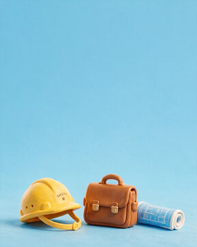 Construction Hard Hat with Briefcase and Blueprints on Blue Backdrop