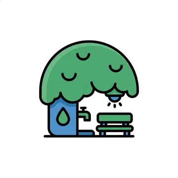Eco Friendly Park Facilities Icon with Tree Bench and Water Tap