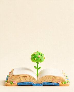 Creative Book Sculpture with a Miniature Flowering Clay Tree Concept