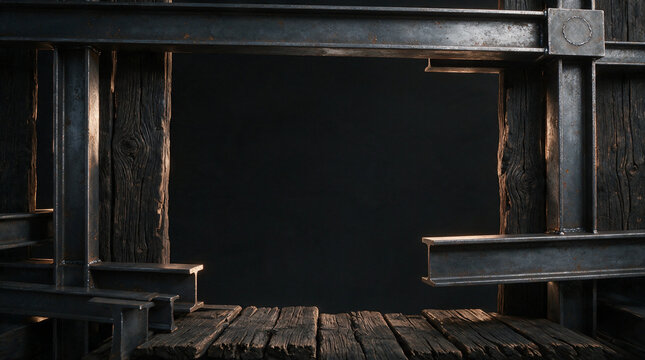 Industrial Steel Beam Frame with Rustic Timber for Architectural Design