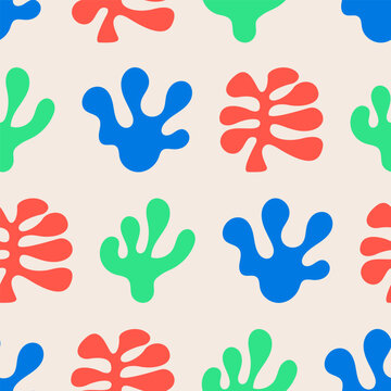 Seamless pattern with colorful abstract organic shapes. Hand drawn silhouettes of plants, palms and leaves. Vector flat background