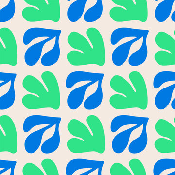 Seamless pattern with abstract hand drawn leaves in retro style. Vector flat background with organic nature shapes