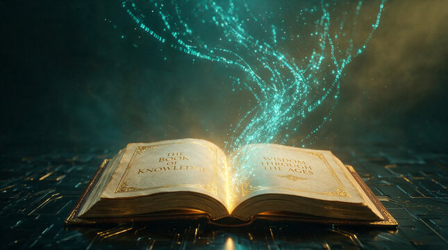 Knowledge Book Glowing with Digital Binary Code and Information Flow