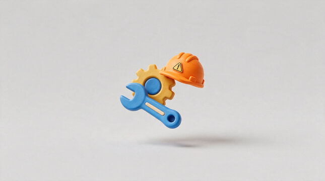 Maintenance Gear Icon with Wrench Gear and Safety Helmet in 3d Style