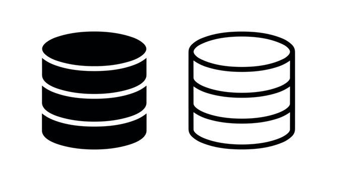 Database server storage icon set, black and outline stack of cylinders for data management