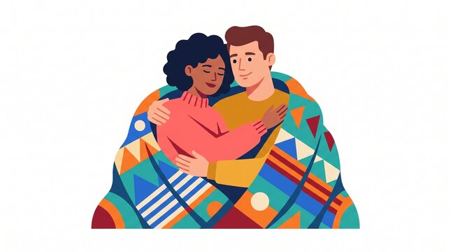 Interracial couple hugging under cozy blanket flat design illustration for relationship and warmth concepts