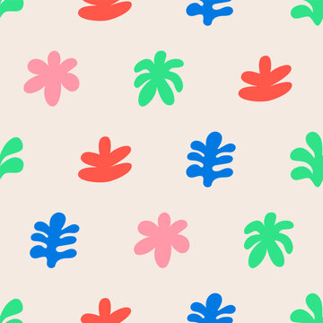 Seamless pattern with abstract organic shapes. Vector flat background with cute summer plants. Algae, seaweed and leaves in naive style
