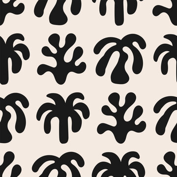 Seamless pattern with abstract organic shapes of underwater plants. Vector flat minimalist contemporary background with black wavy corals or seaweed