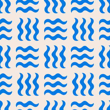 Seamless pattern with blue geometric waves. Summer abstract vector flat background