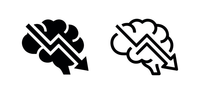 Mental decline icon, brain with a downward trending arrow symbolizing cognitive impairment.