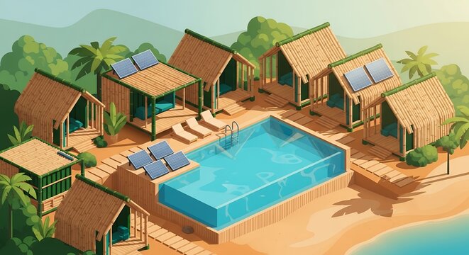 Tropical luxury resort private pool with wooden cabanas and solar energy design perfect vacation escape
