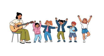 Teacher playing acoustic guitar while happy children dance and sing together in a music class illustration