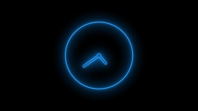 Minimal neon clock face glowing simple circular outline with two glowing hands pointing animation