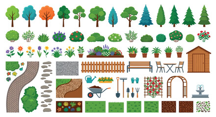 Garden Elements Vector Illustration With Trees Flowers And Landscape Features © SHANTI