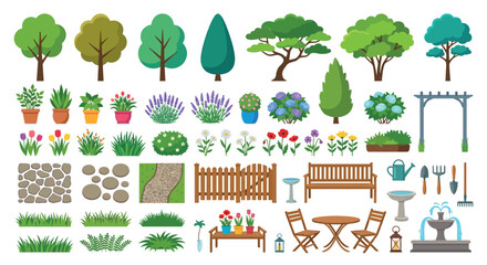 Garden Elements Vector Illustration With Trees Flowers And Landscape Features © SHANTI