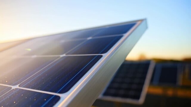 Close-up diagonal rooftop solar panel edge mounted on aluminum rail under warm golden hour light, showing blue photovoltaic cells, reflective surface, bolts, and clean energy detail