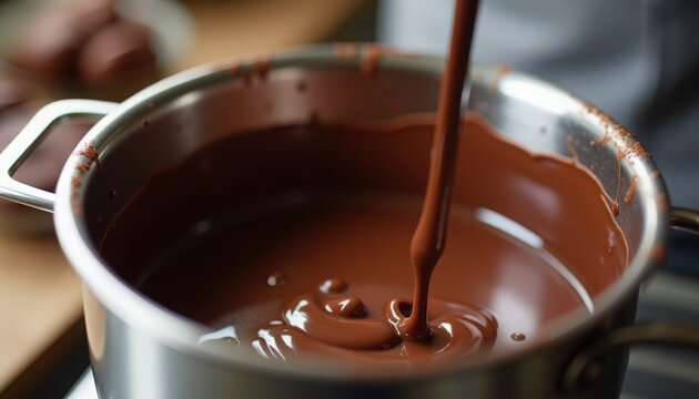 Smooth chocolate melting in saucepan, rich melted chocolate pouring from spatula into bowl. Preparing delicious chocolate for desserts and pastries, perfect for celebrations and special occasions.